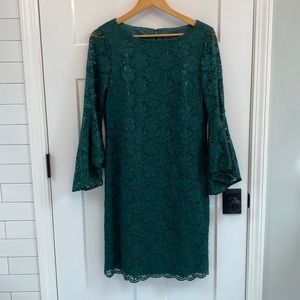 Jessica Howard Emerald Green Glitter Lace Overlay Dress With Bell Sleeves Sz 12